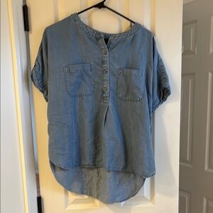 Denim Button-Up Short Sleeve Tunic Top
